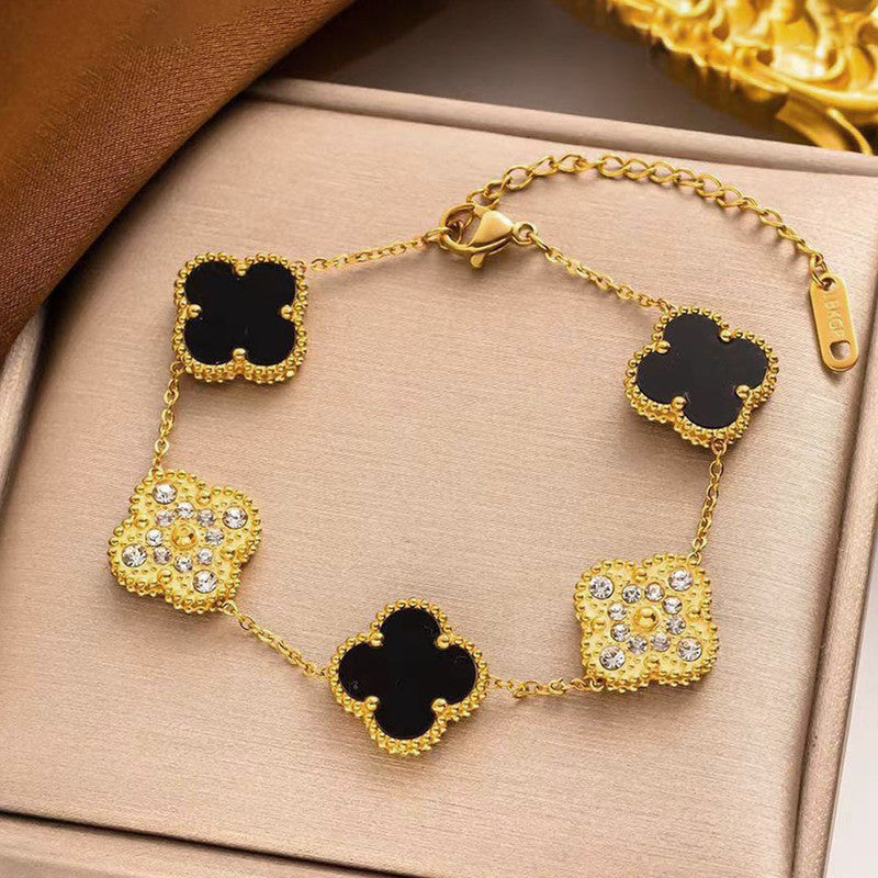 Jewels Galaxy Stainless Steel Gold-Plated Multicolor AD studded Clover Link Bracelet For Women