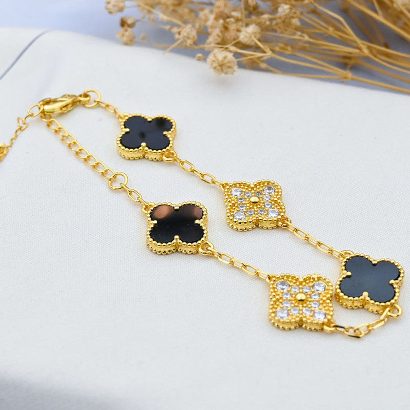 Jewels Galaxy Stainless Steel Gold-Plated Multicolor AD studded Clover Link Bracelet For Women