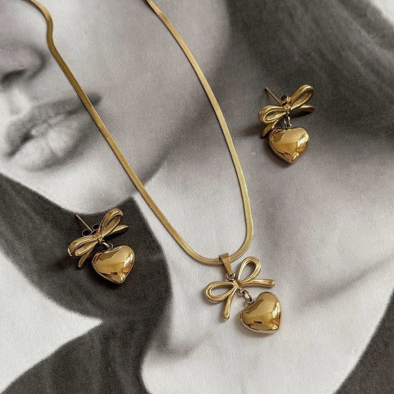Jewels Galaxy Gold Plated Anti Tarnish Bow-Heart Themed Jewellery Set