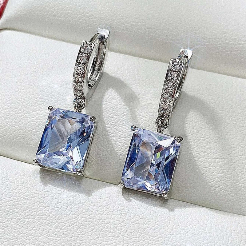 Jewels Galaxy Silver Plated Rectangular American Diamond Studded Crushed Ice Cut Drop Earrings