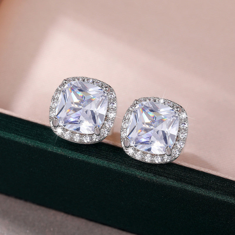 Jewels Galaxy Silver Plated American Diamond Studded Square Crushed Ice Cut Stud Earrings