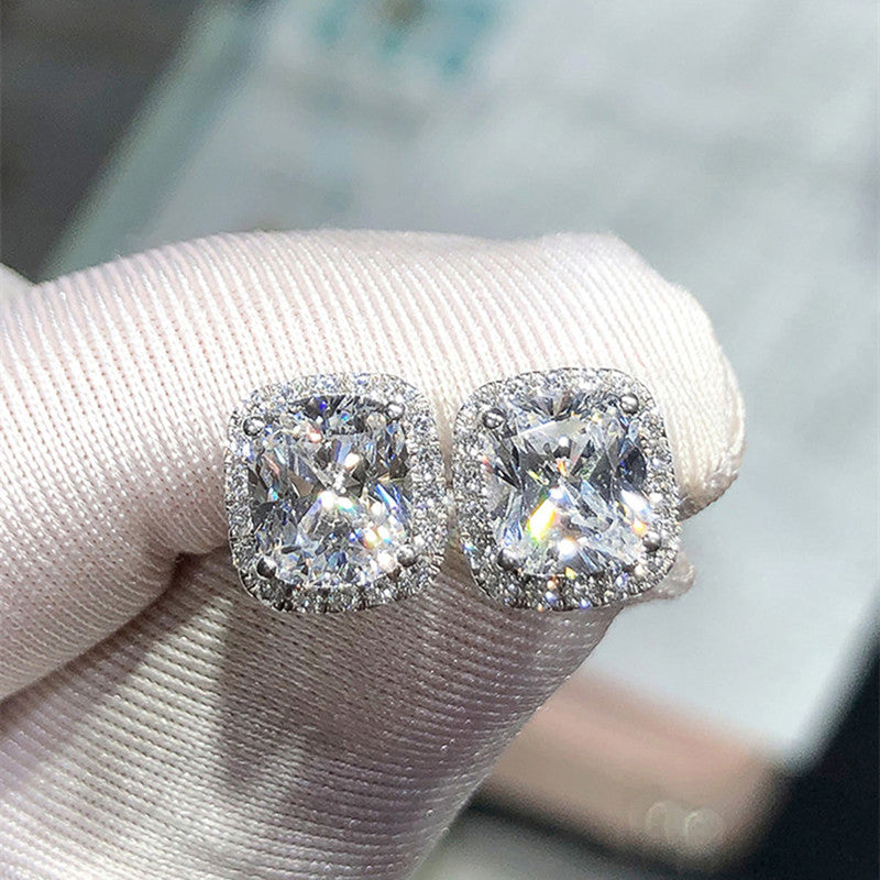 Jewels Galaxy Silver Plated American Diamond Studded Square Crushed Ice Cut Stud Earrings