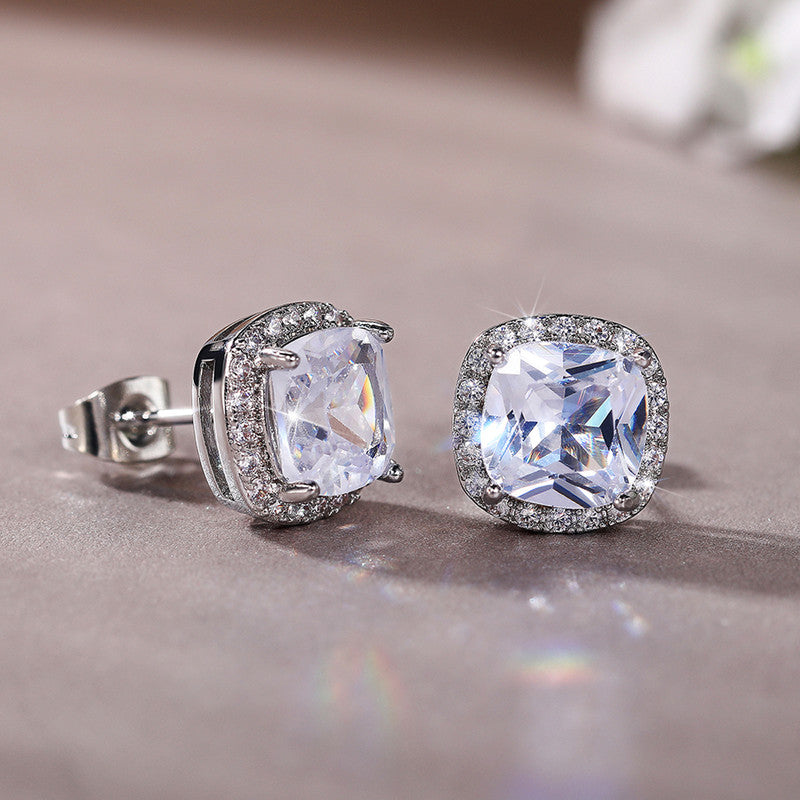 Jewels Galaxy Silver Plated American Diamond Studded Square Crushed Ice Cut Stud Earrings