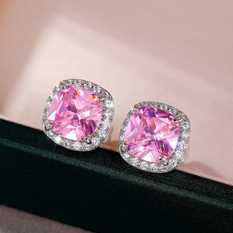 Jewels Galaxy Silver Plated American Diamond Studded Square Crushed Ice Cut Stud Earrings