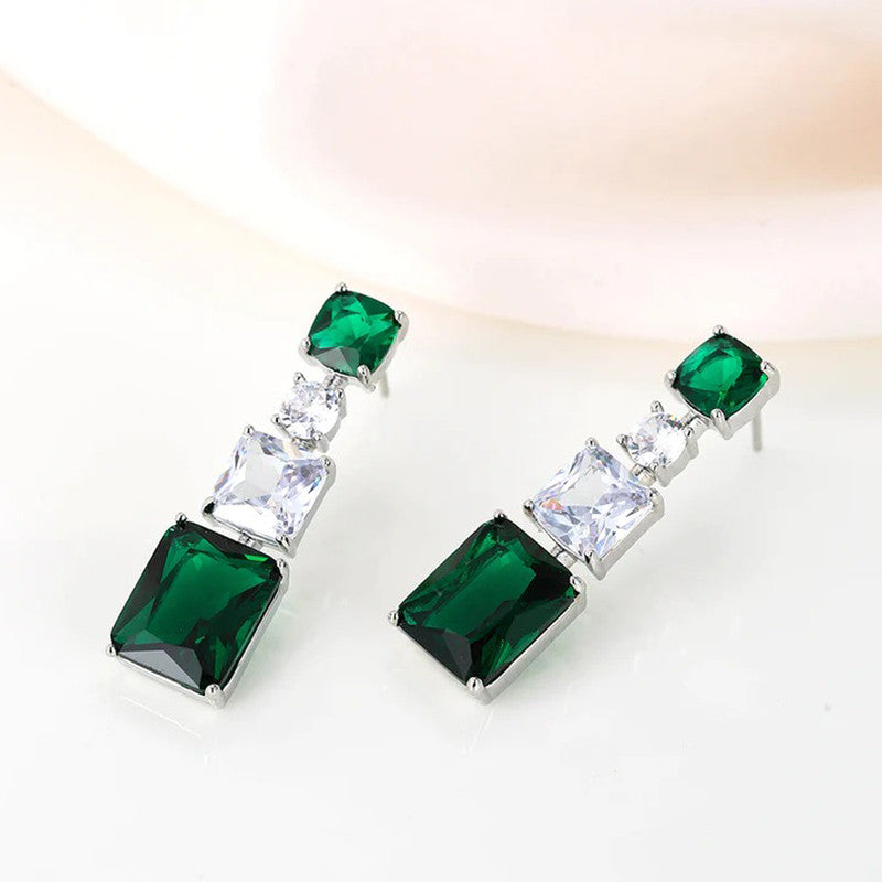 Jewels Galaxy Silver Plated American Diamond Studded Geometrical Crushed Ice Cut Drop Earrings