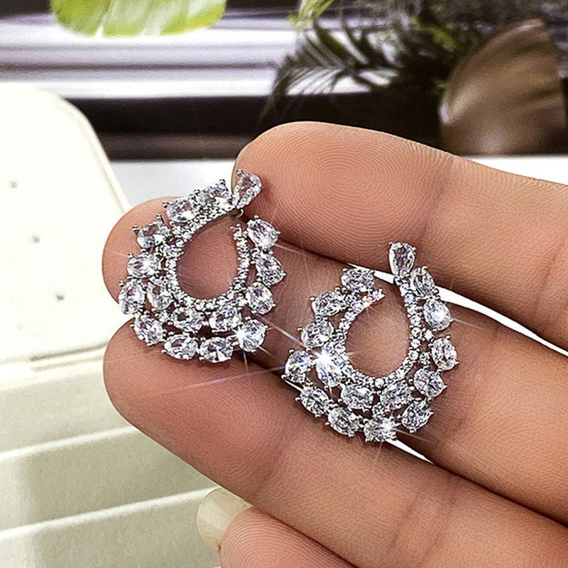 Jewels Galaxy Silver Plated American Diamond Studded Contemporary Drop Earrings