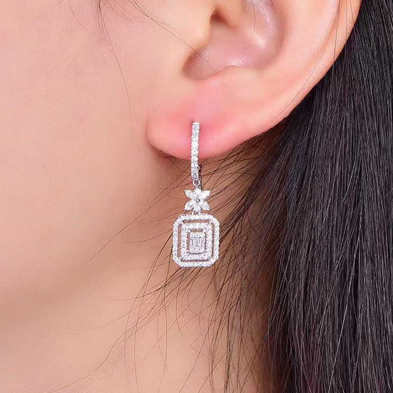Jewels Galaxy Silver Plated American Diamond Studded Iconic Luxury Geometric Drop Earrings