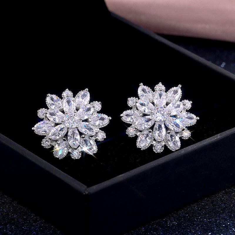 Jewels Galaxy Silver Plated American Diamond Studded Floral Silver Stud Earrings