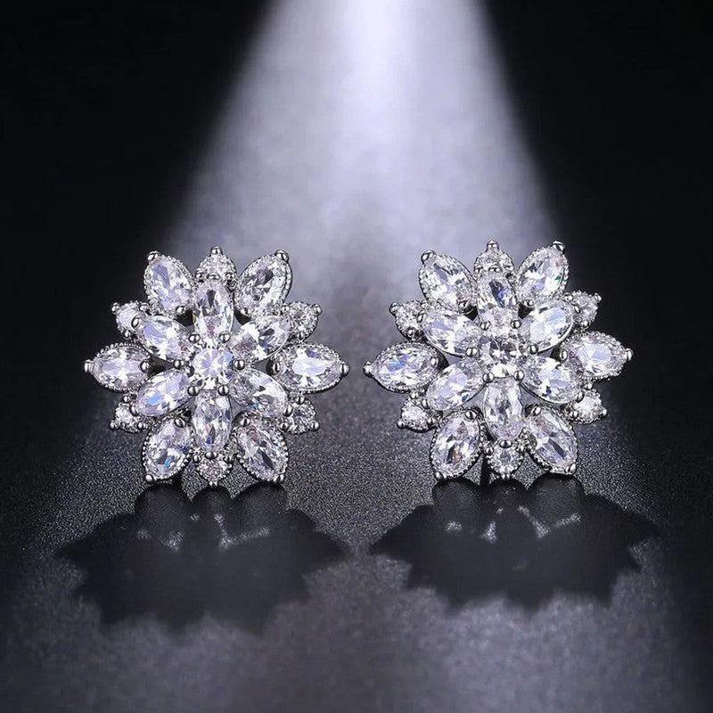 Jewels Galaxy Silver Plated American Diamond Studded Floral Silver Stud Earrings