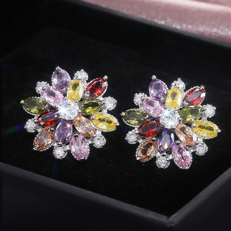 Jewels Galaxy Silver Plated American Diamond Studded Floral Silver Stud Earrings