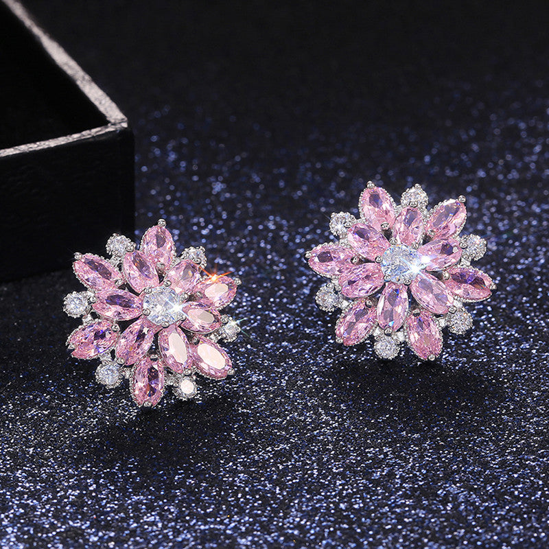 Jewels Galaxy Silver Plated American Diamond Studded Floral Silver Stud Earrings