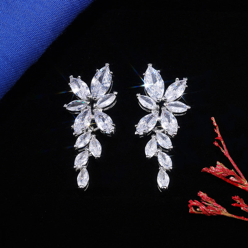 Jewels Galaxy Silver Plated American Diamond Studded Floral Themed Drop Earrings
