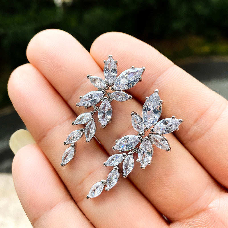 Jewels Galaxy Silver Plated American Diamond Studded Floral Themed Drop Earrings
