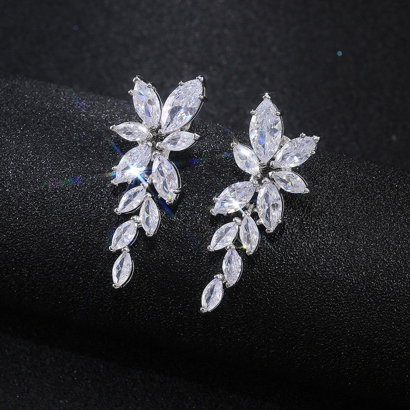 Jewels Galaxy Silver Plated American Diamond Studded Floral Themed Drop Earrings