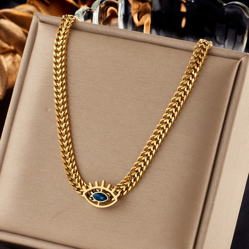 Jewels Galaxy Gold Plated Stainless Steel Anti Tarnish Evil Eye themed Blue CZ Necklace For Women