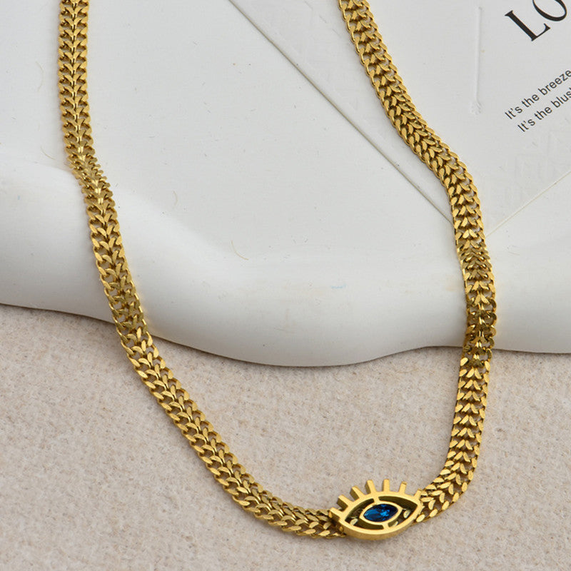 Jewels Galaxy Gold Plated Stainless Steel Anti Tarnish Evil Eye themed Blue CZ Necklace For Women