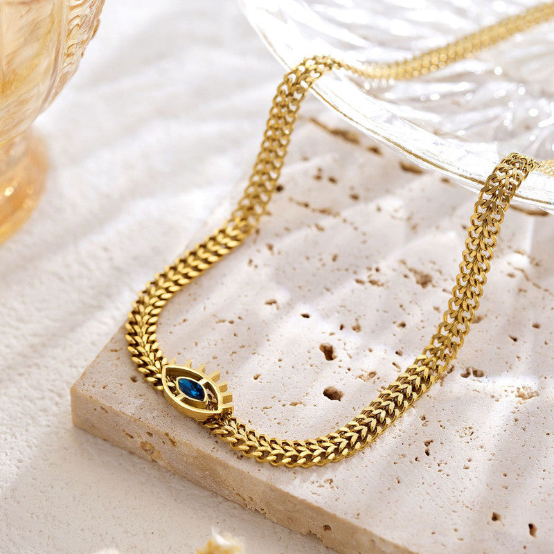 Jewels Galaxy Gold Plated Stainless Steel Anti Tarnish Evil Eye themed Blue CZ Necklace For Women