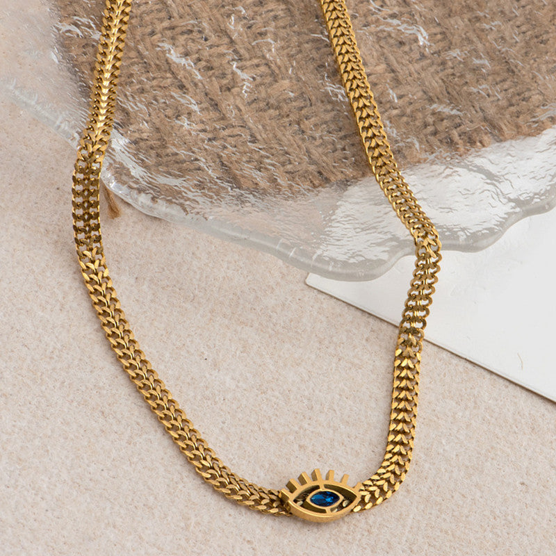 Jewels Galaxy Gold Plated Stainless Steel Anti Tarnish Evil Eye themed Blue CZ Necklace For Women