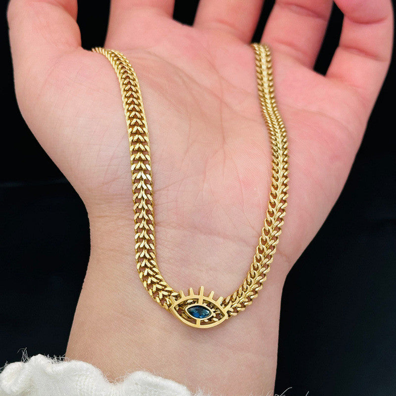 Jewels Galaxy Gold Plated Stainless Steel Anti Tarnish Evil Eye themed Blue CZ Necklace For Women