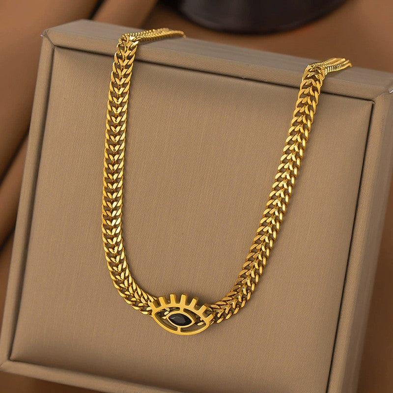 Jewels Galaxy Gold Plated Stainless Steel Anti Tarnish Evil Eye themed Black CZ Necklace For Women