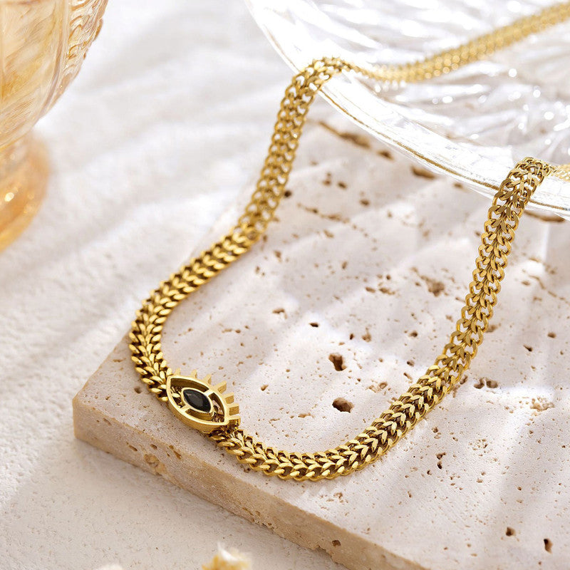 Jewels Galaxy Gold Plated Stainless Steel Anti Tarnish Evil Eye themed Black CZ Necklace For Women