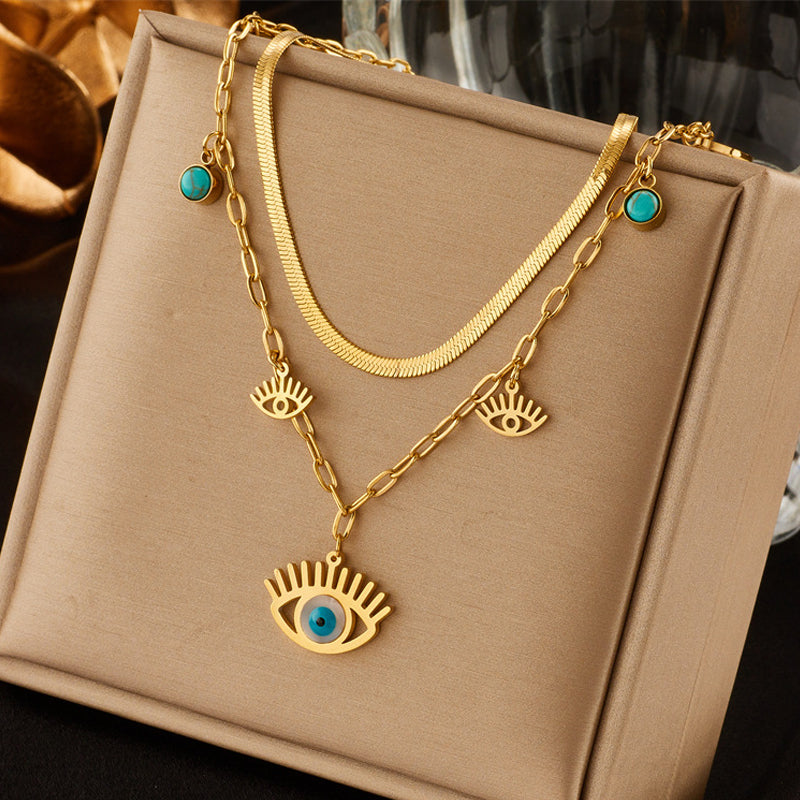 Jewels Galaxy Gold Plated Stainless Steel Anti Tarnish Evil Eye themed Dual Strand Necklace