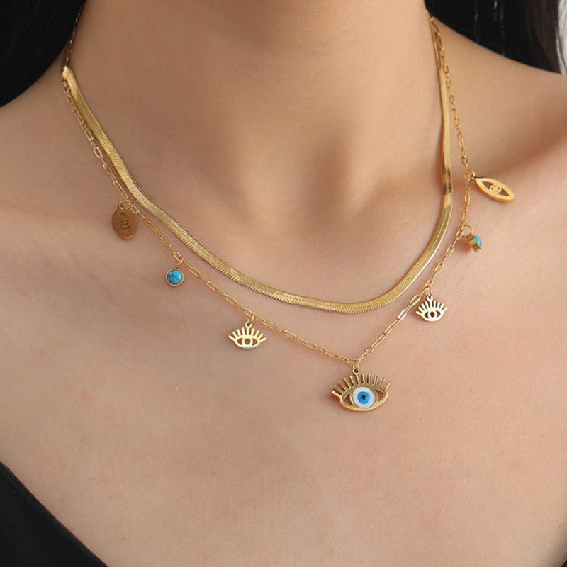 Jewels Galaxy Gold Plated Stainless Steel Anti Tarnish Evil Eye themed Dual Strand Necklace