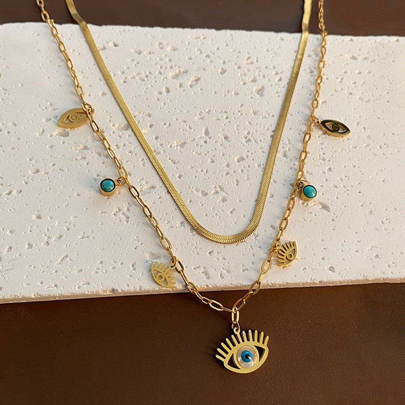 Jewels Galaxy Gold Plated Stainless Steel Anti Tarnish Evil Eye themed Dual Strand Necklace