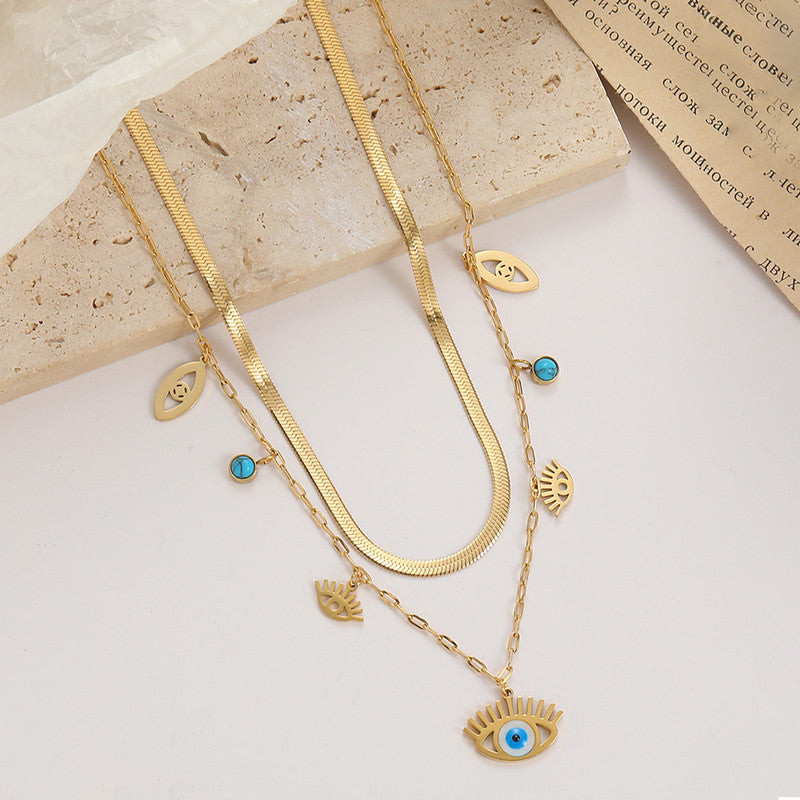 Jewels Galaxy Gold Plated Stainless Steel Anti Tarnish Evil Eye themed Dual Strand Necklace