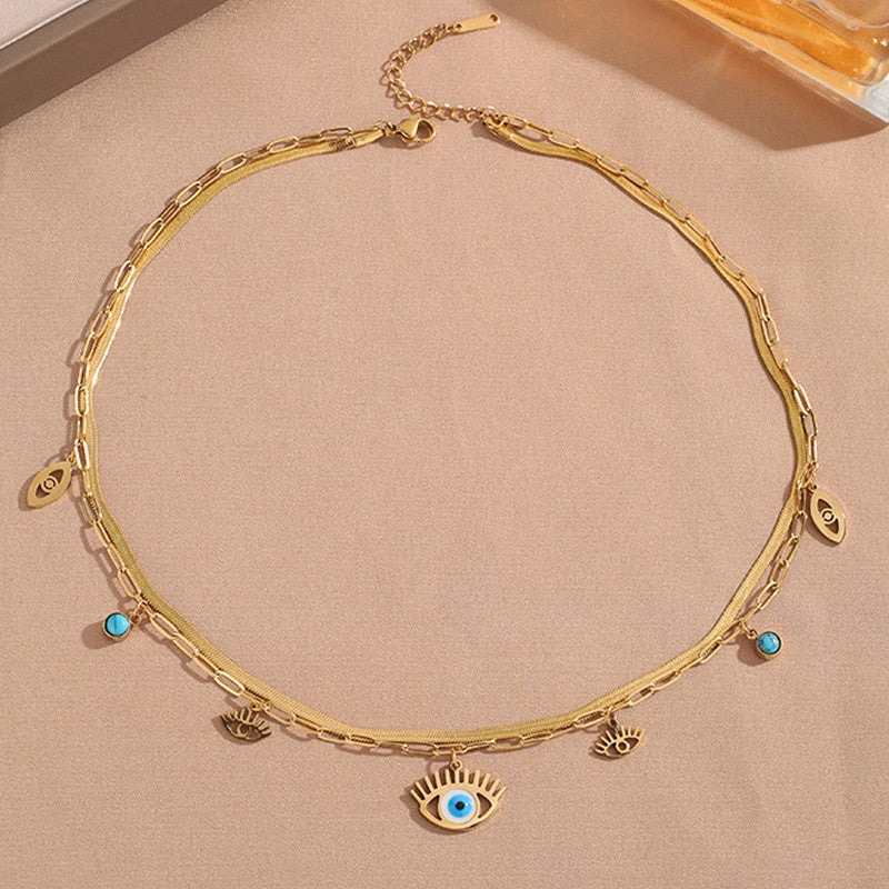 Jewels Galaxy Gold Plated Stainless Steel Anti Tarnish Evil Eye themed Dual Strand Necklace