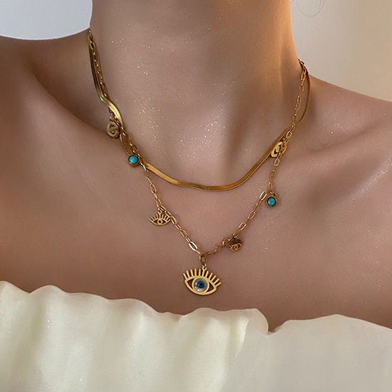 Jewels Galaxy Gold Plated Stainless Steel Anti Tarnish Evil Eye themed Dual Strand Necklace