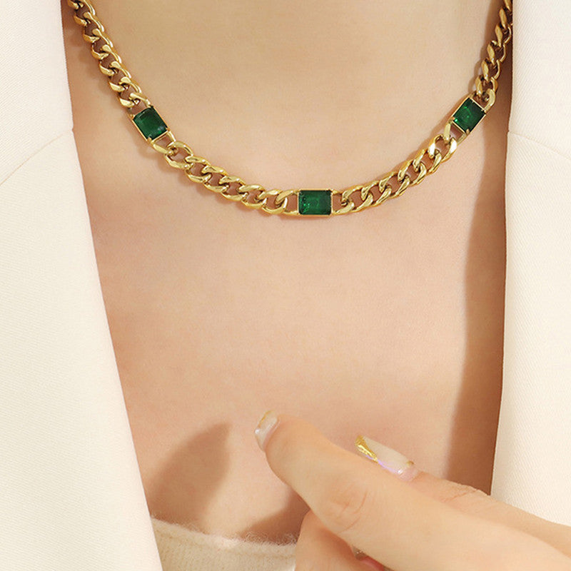 Jewels Galaxy Gold Plated Stainless Steel Anti Tarnish Green Crystals Cuban Necklace