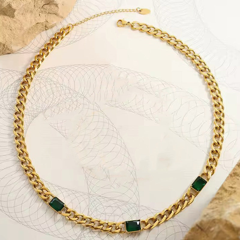 Jewels Galaxy Gold Plated Stainless Steel Anti Tarnish Green Crystals Cuban Necklace