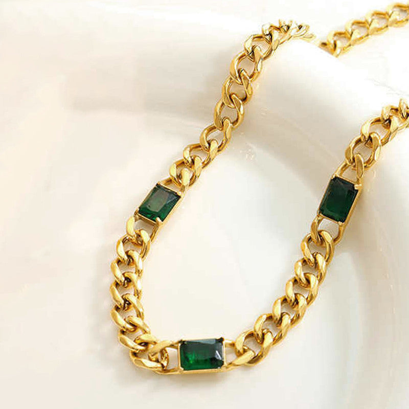 Jewels Galaxy Gold Plated Stainless Steel Anti Tarnish Green Crystals Cuban Necklace