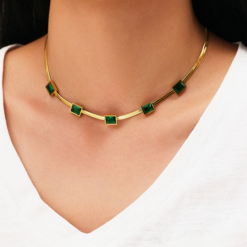 Jewels Galaxy Gold Plated Stainless Steel Anti Tarnish Snake Chain Green Emerald Studded Necklace