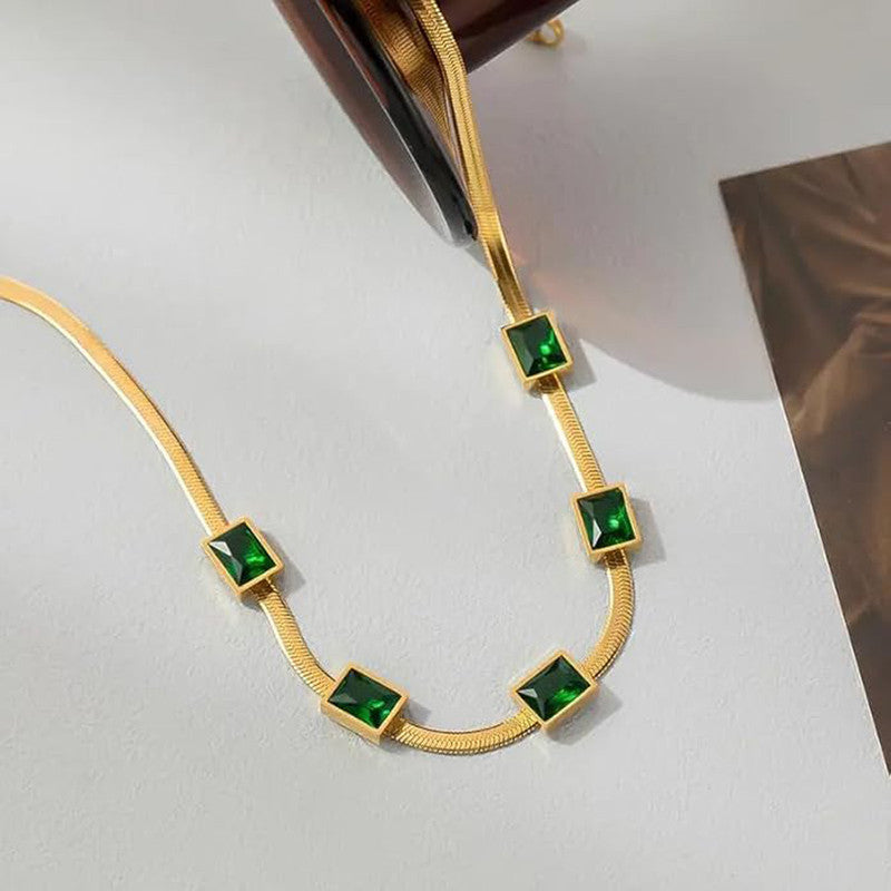 Jewels Galaxy Gold Plated Stainless Steel Anti Tarnish Snake Chain Green Emerald Studded Necklace
