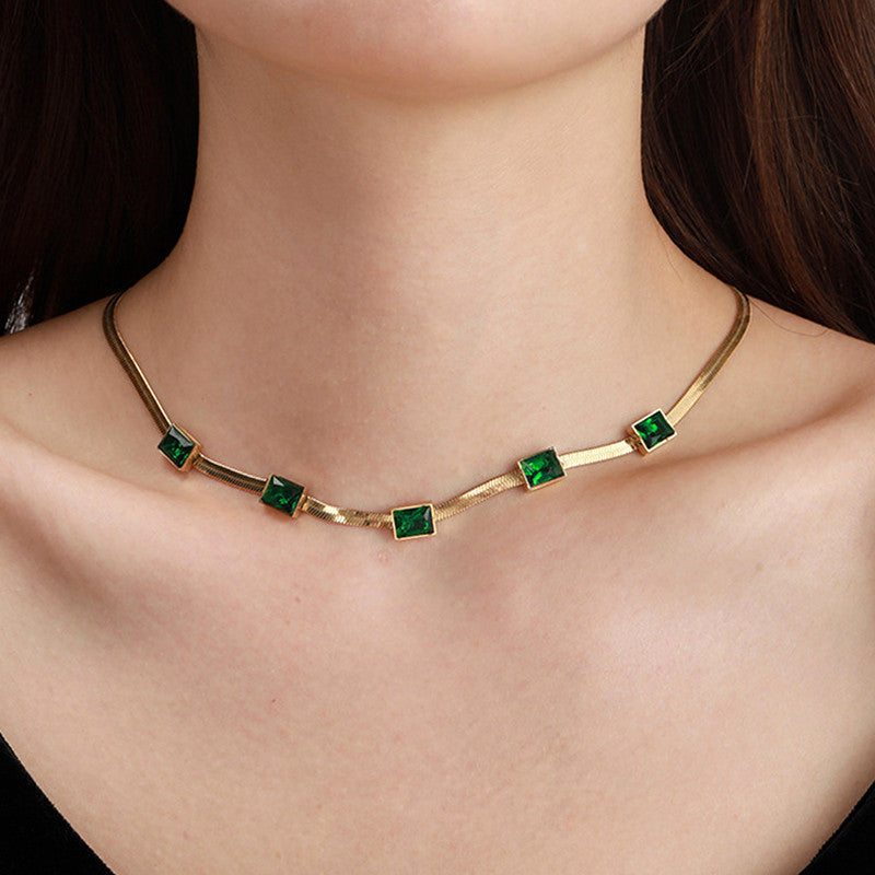 Jewels Galaxy Gold Plated Stainless Steel Anti Tarnish Snake Chain Green Emerald Studded Necklace