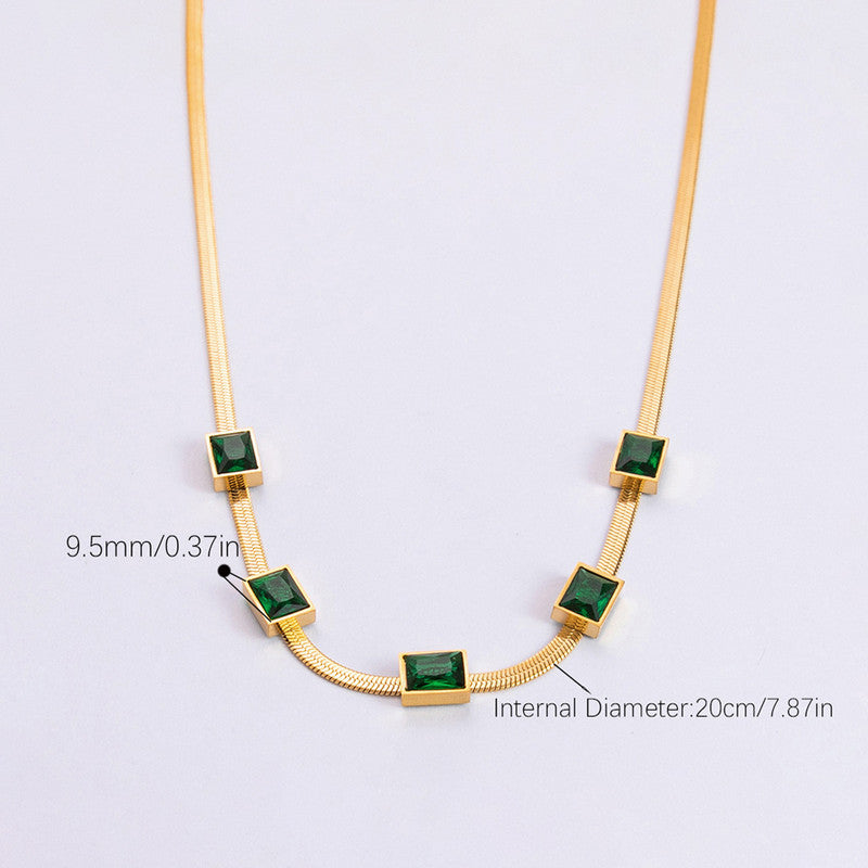 Jewels Galaxy Gold Plated Stainless Steel Anti Tarnish Snake Chain Green Emerald Studded Necklace