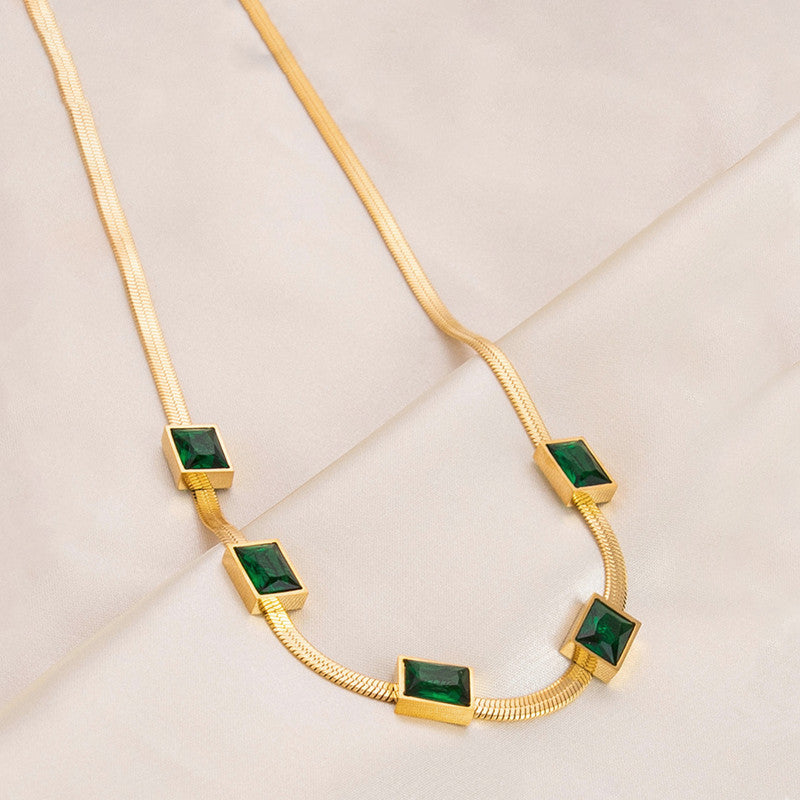 Jewels Galaxy Gold Plated Stainless Steel Anti Tarnish Snake Chain Green Emerald Studded Necklace