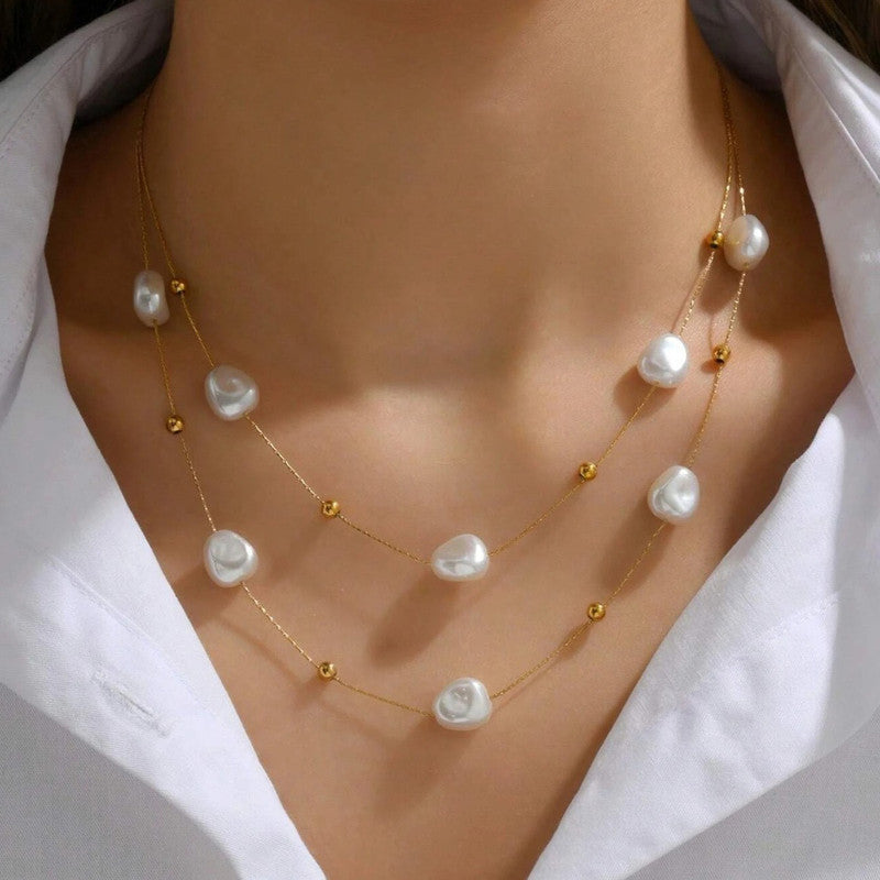 Jewels Galaxy Gold Plated Anti Tarnish Stainless Steel Pearl Studded Layered Necklace