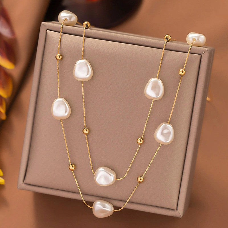 Jewels Galaxy Gold Plated Anti Tarnish Stainless Steel Pearl Studded Layered Necklace