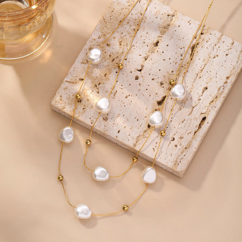 Jewels Galaxy Gold Plated Anti Tarnish Stainless Steel Pearl Studded Layered Necklace