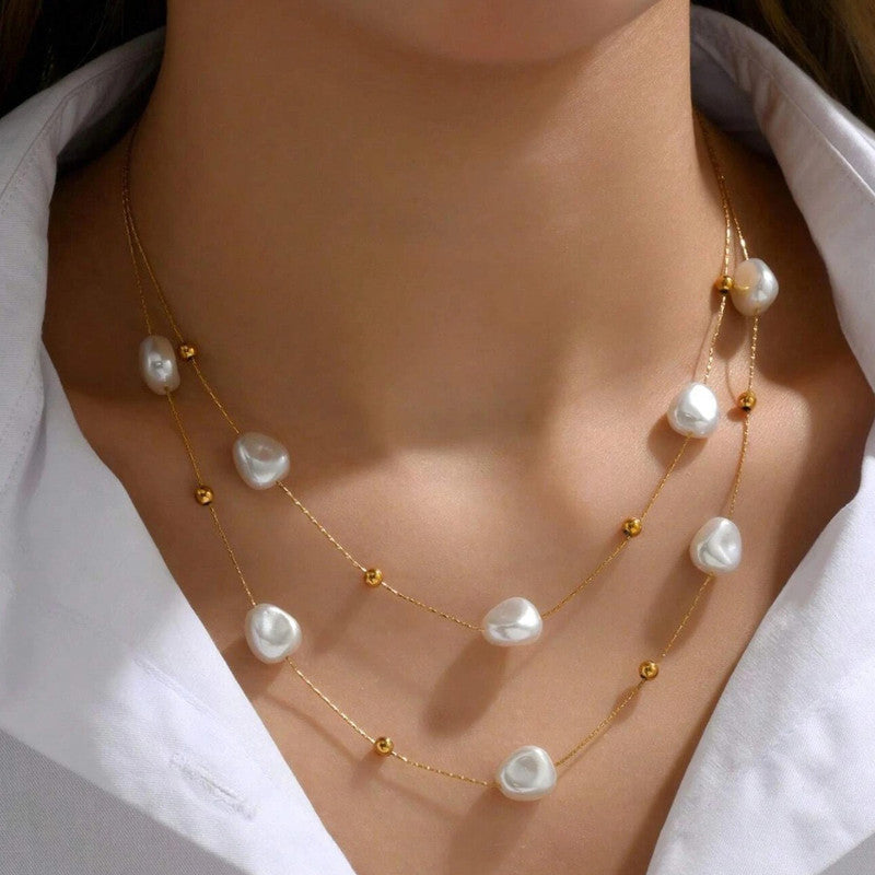 Jewels Galaxy Gold Plated Anti Tarnish Stainless Steel Pearl Studded Layered Necklace