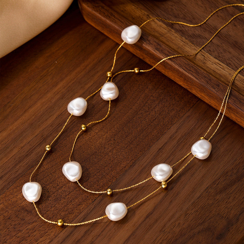 Jewels Galaxy Gold Plated Anti Tarnish Stainless Steel Pearl Studded Layered Necklace