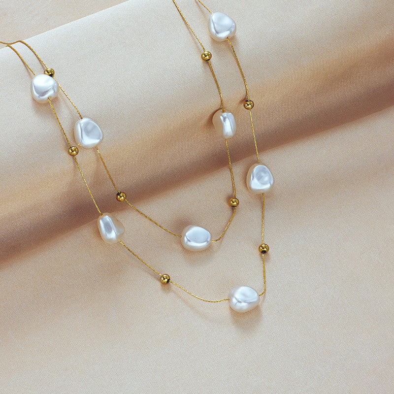 Jewels Galaxy Gold Plated Anti Tarnish Stainless Steel Pearl Studded Layered Necklace