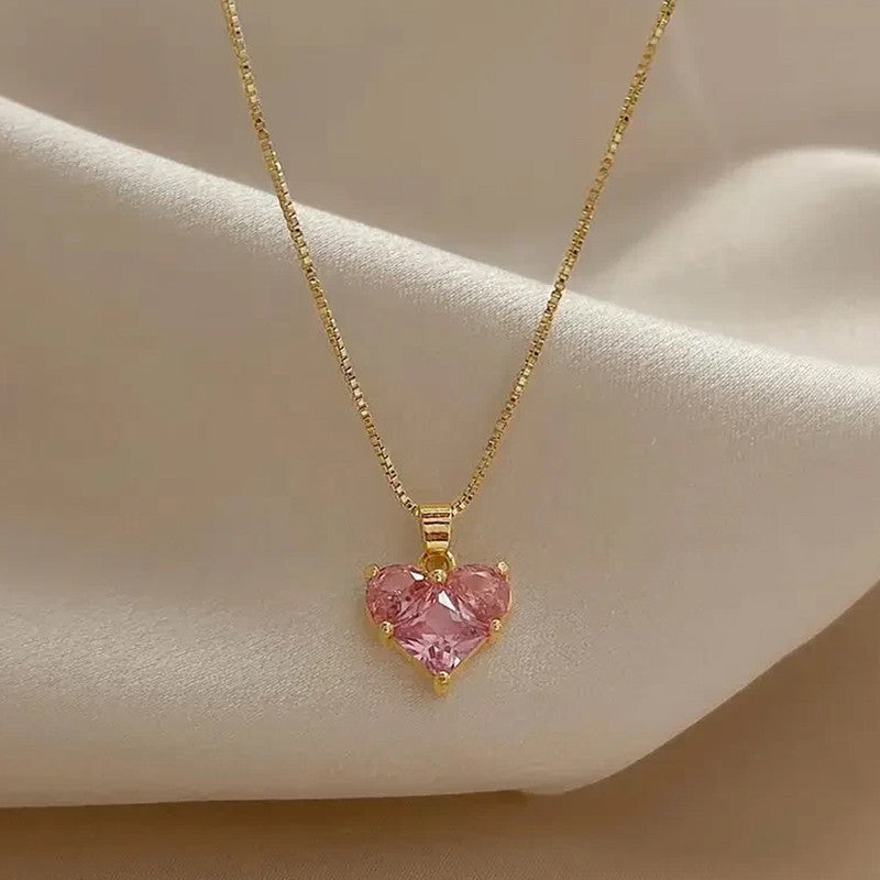 Jewels Galaxy Gold-Plated Anti Tarnish Pink Heart Themed CZ Pendant