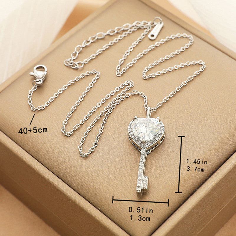 Jewels Galaxy Silver Plated Anti Tarnish American Diamond Studded Heart Key Pendant