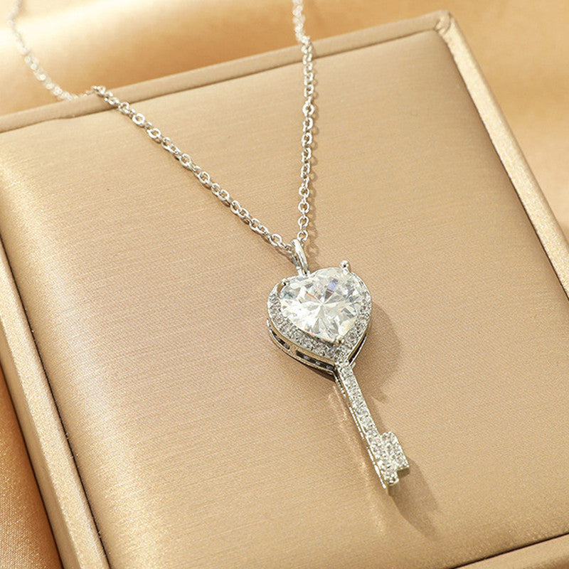 Jewels Galaxy Silver Plated Anti Tarnish American Diamond Studded Heart Key Pendant
