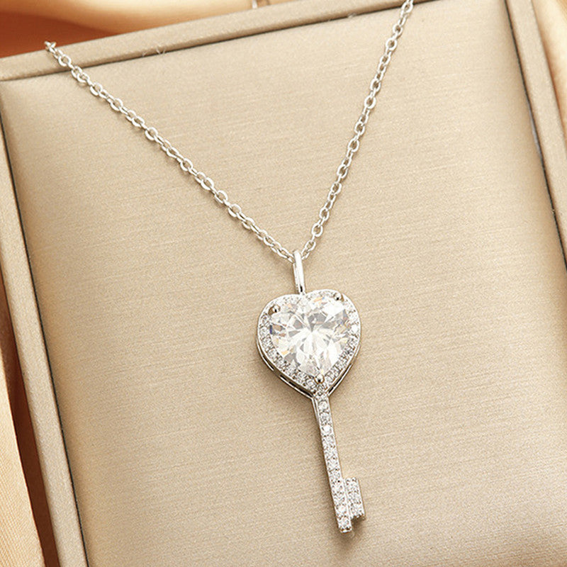 Jewels Galaxy Silver Plated Anti Tarnish American Diamond Studded Heart Key Pendant