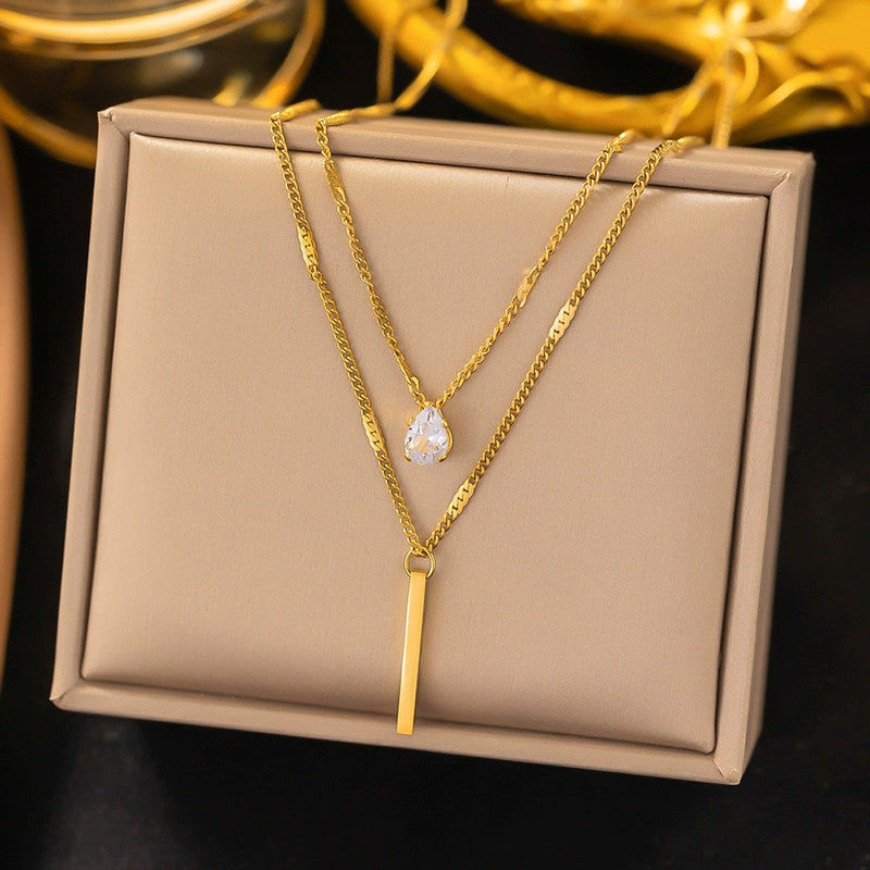 Jewels Galaxy Gold Plated Stainless Steel Anti Tarnish Tear Drop CZ Dual Strand Pendant